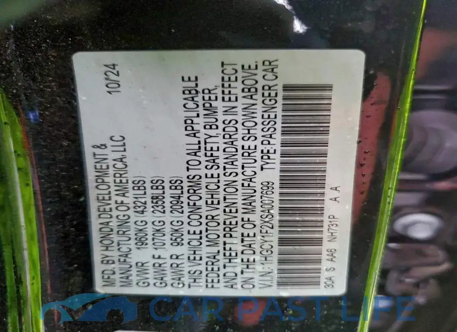 1HGCY1F2XSA007699# 12