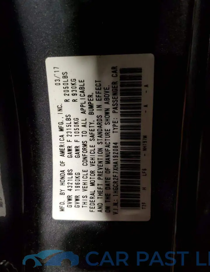 1HGCR2F7XHA192084# 13