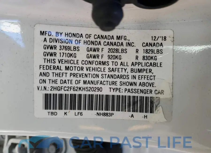 2HGFC2F62KH520290# 12