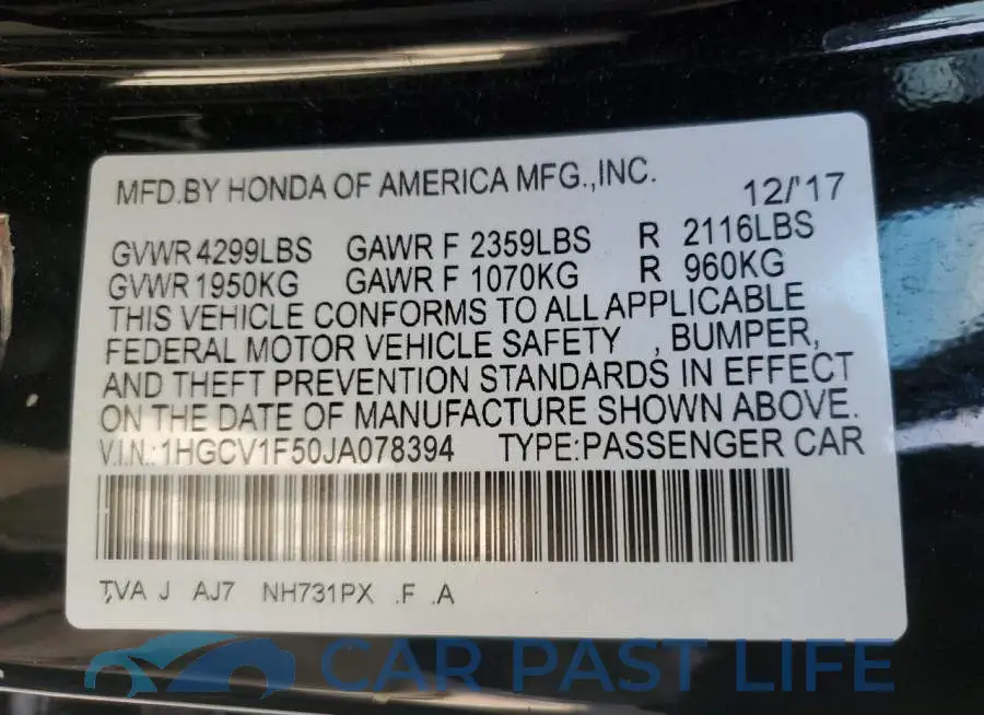 1HGCV1F50JA078394# 13