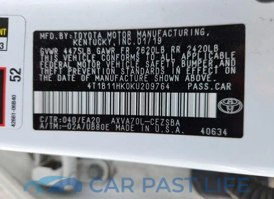 4T1B11HK0KU209764# 12