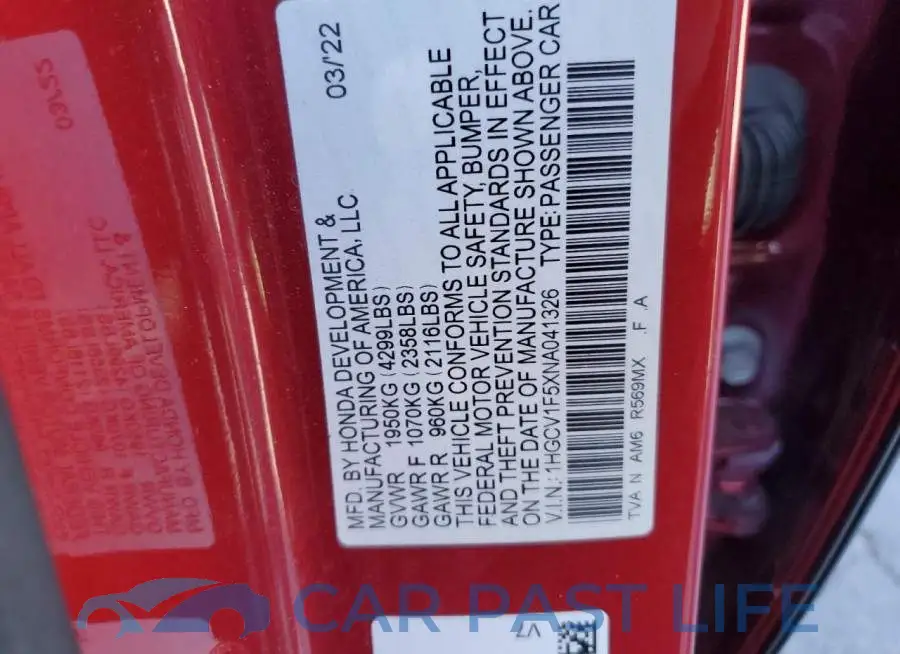1HGCV1F5XNA041326# 12