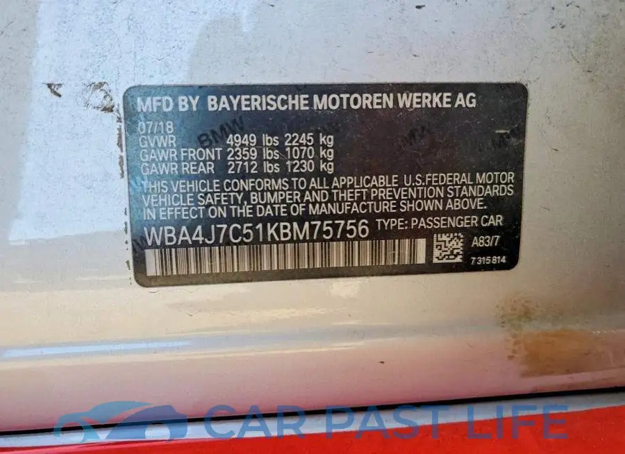 WBA4J7C51KBM75756# 12