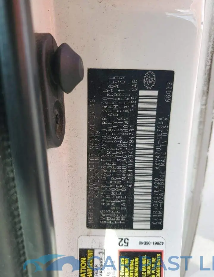 4T1B11HK9KU794781# 12