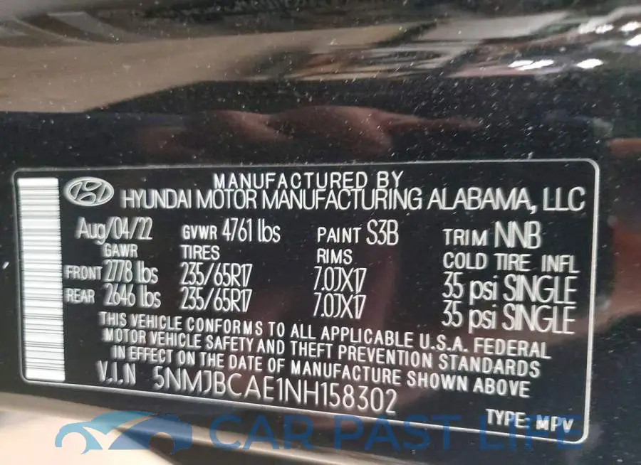 5NMJBCAE1NH158302# 13
