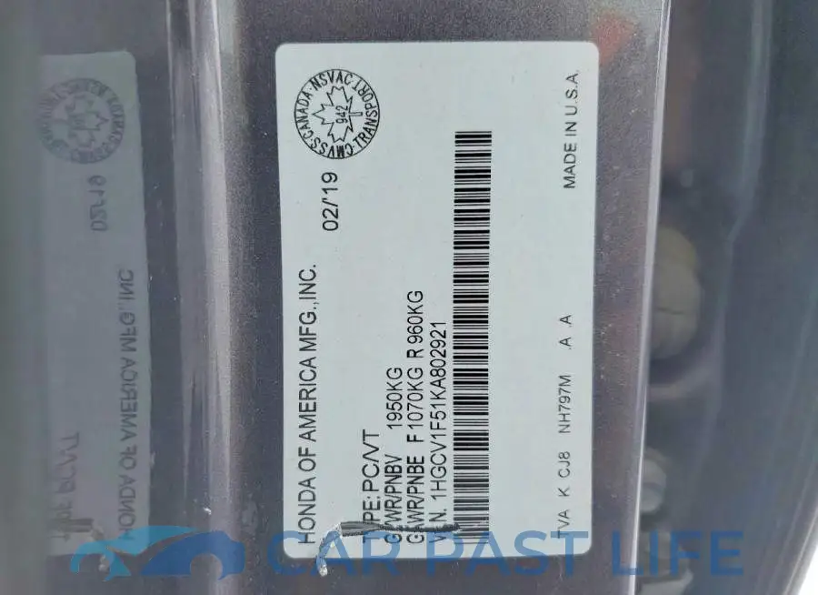1HGCV1F51KA802921# 13
