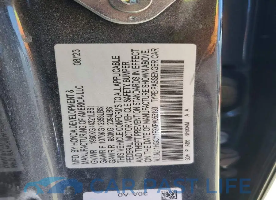 1HGCY1F3XPA053193# 12