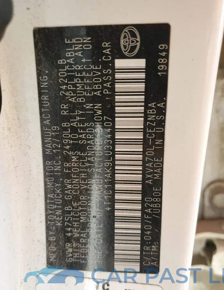 4T1C11AK9LU334407# 12