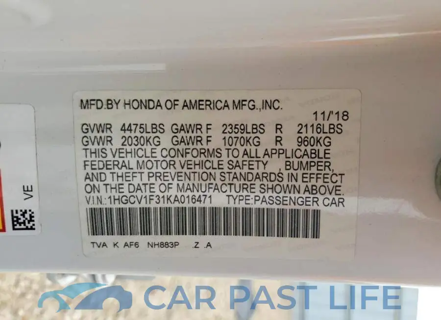 1HGCV1F31KA016471# 12