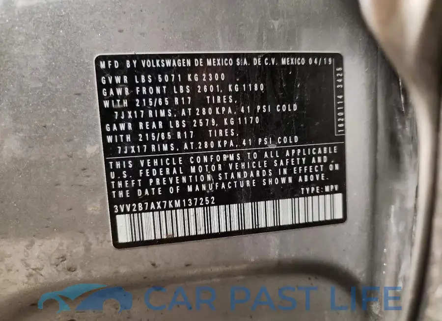 3VV2B7AX7KM137252# 12
