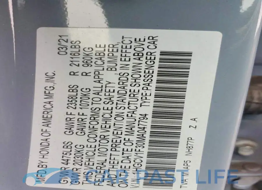 1HGCV1F30MA047794# 12