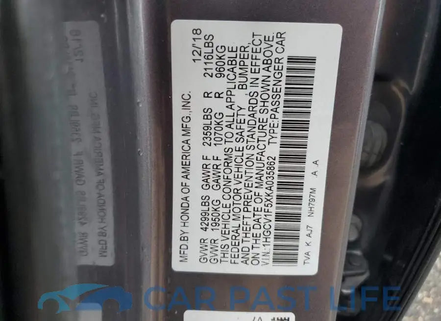 1HGCV1F5XKA035862# 12