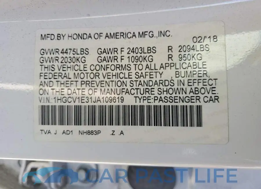1HGCV1E31JA109619# 12
