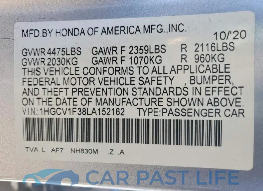 1HGCV1F38LA152162# 12