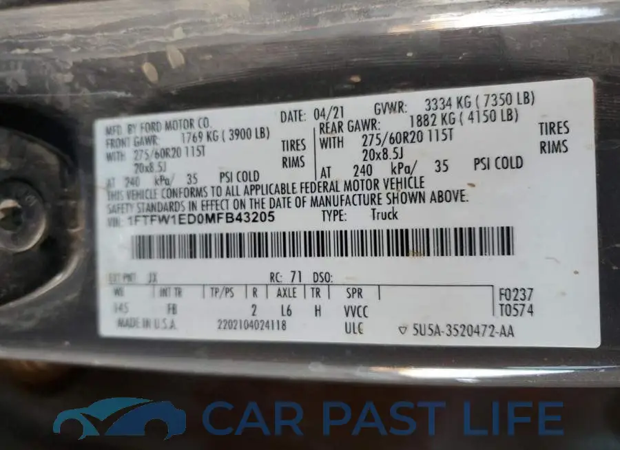1FTFW1ED0MFB43205# 12