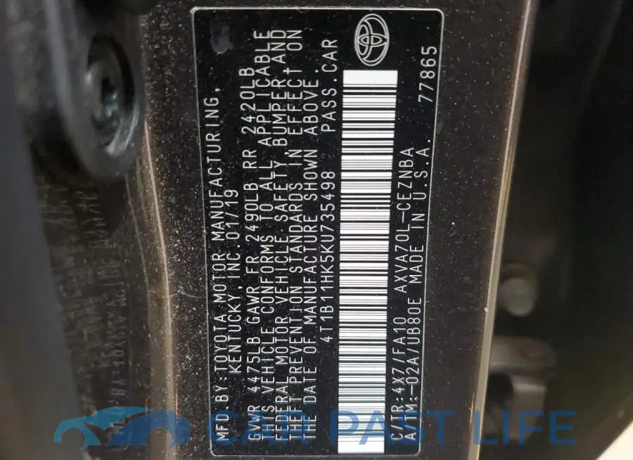 4T1B11HK5KU735498# 12