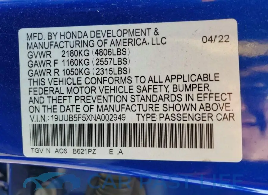 19UUB5F5XNA002949# 13