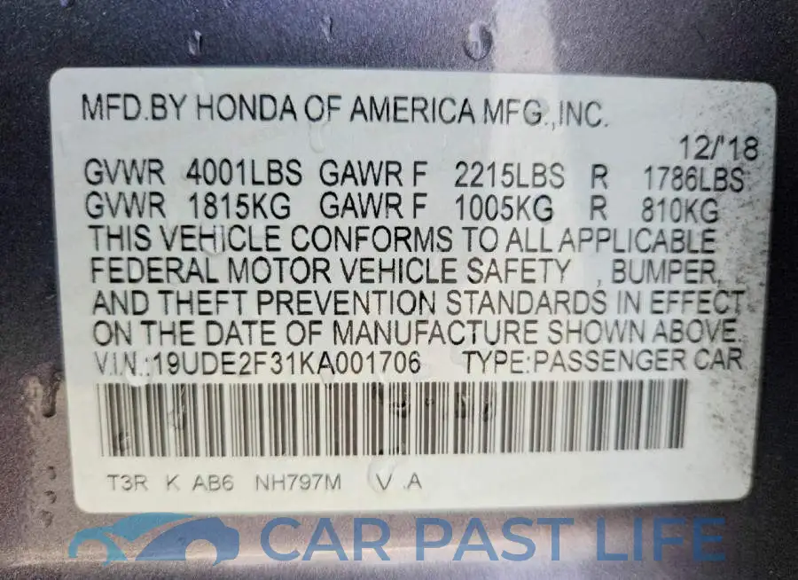 19UDE2F31KA001706# 12