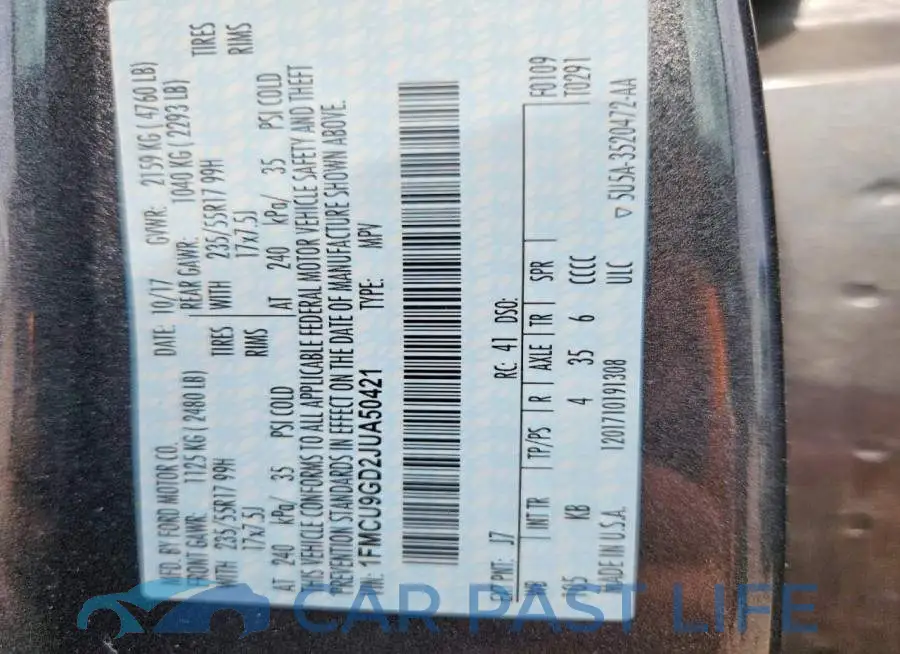 1FMCU9GD2JUA50421# 12