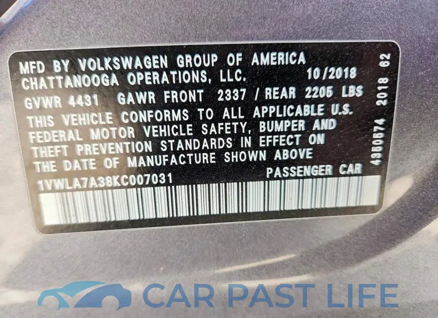 1VWLA7A38KC007031# 13