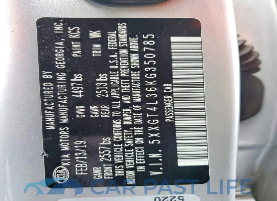 5XXGT4L36KG350785# 12