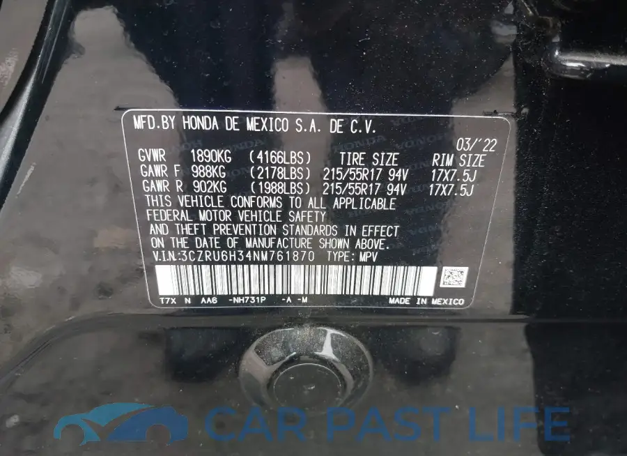 3CZRU6H34NM761870# 9