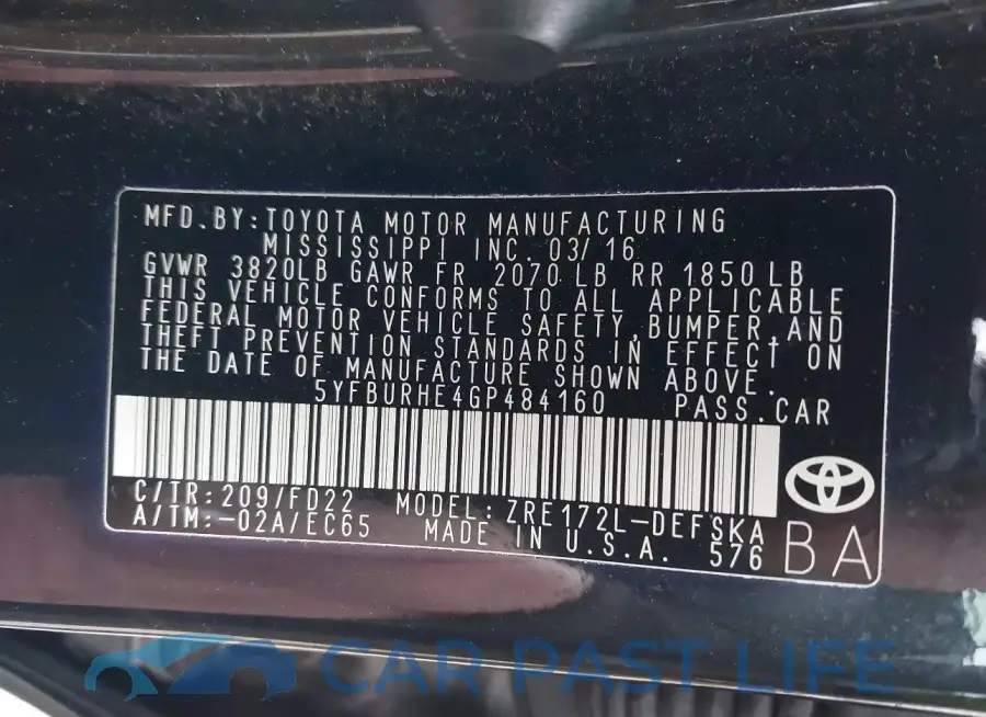5YFBURHE4GP484160# 9
