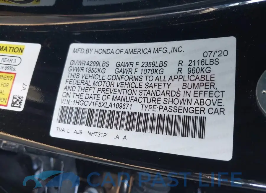 1HGCV1F5XLA109671# 9