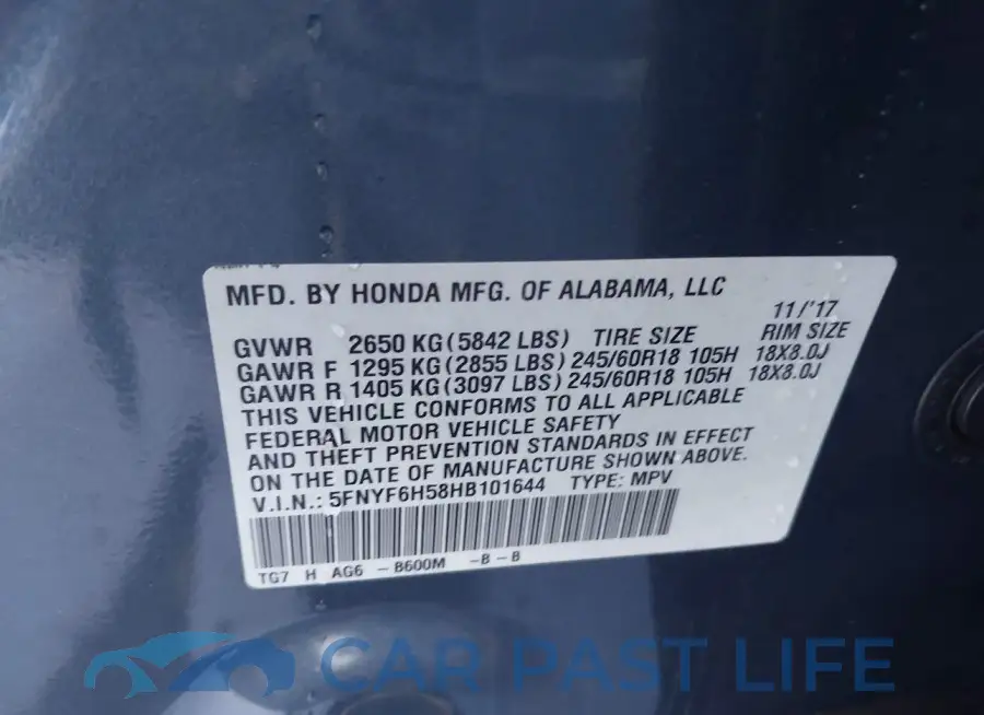 5FNYF6H58HB101644# 9