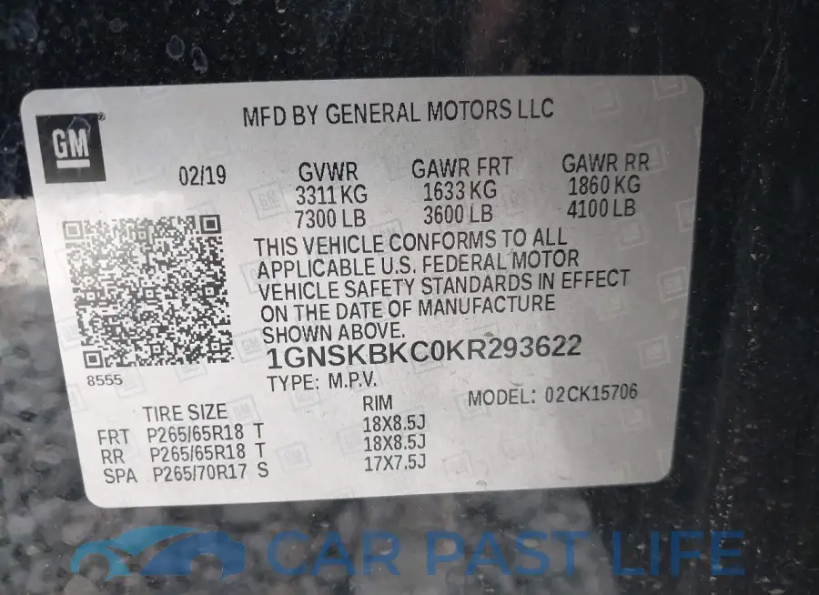 1GNSKBKC0KR293622# 9