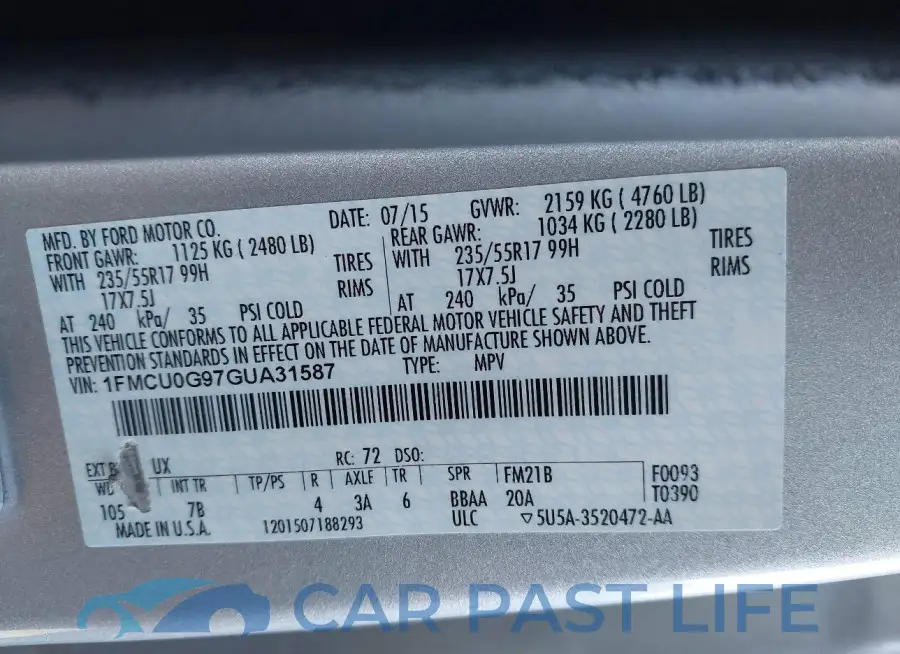 1FMCU0G97GUA31587# 9