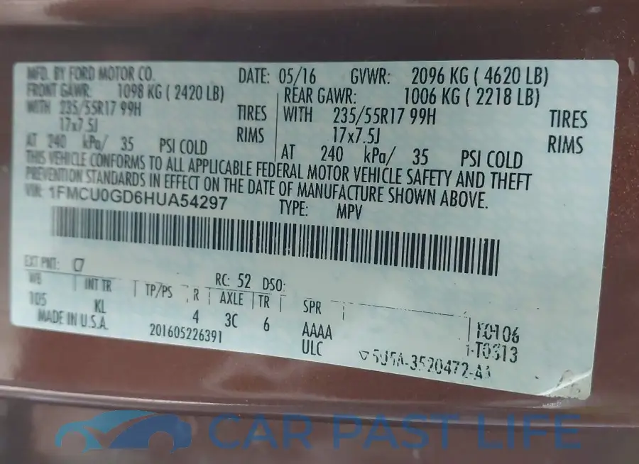 1FMCU0GD6HUA54297# 9