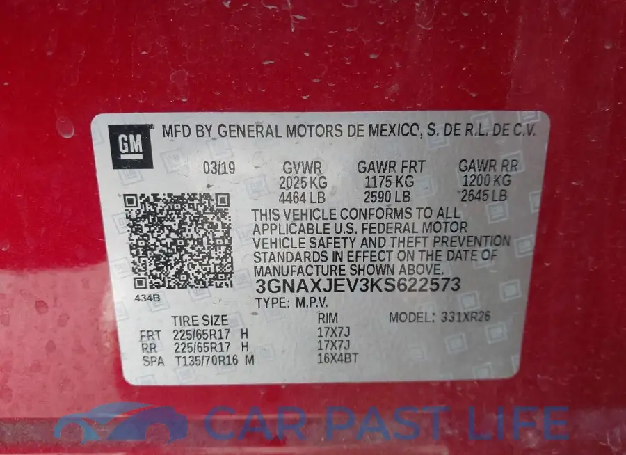 3GNAXJEV3KS622573# 9
