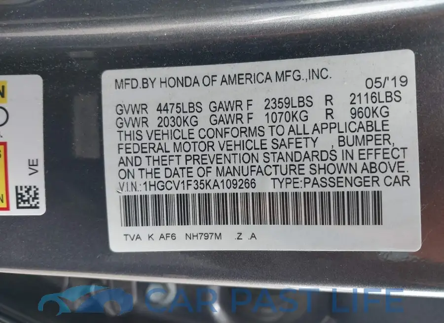 1HGCV1F35KA109266# 9