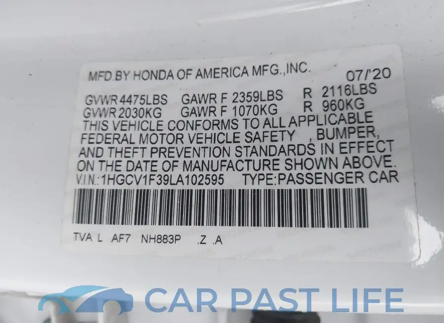 1HGCV1F39LA102595# 9
