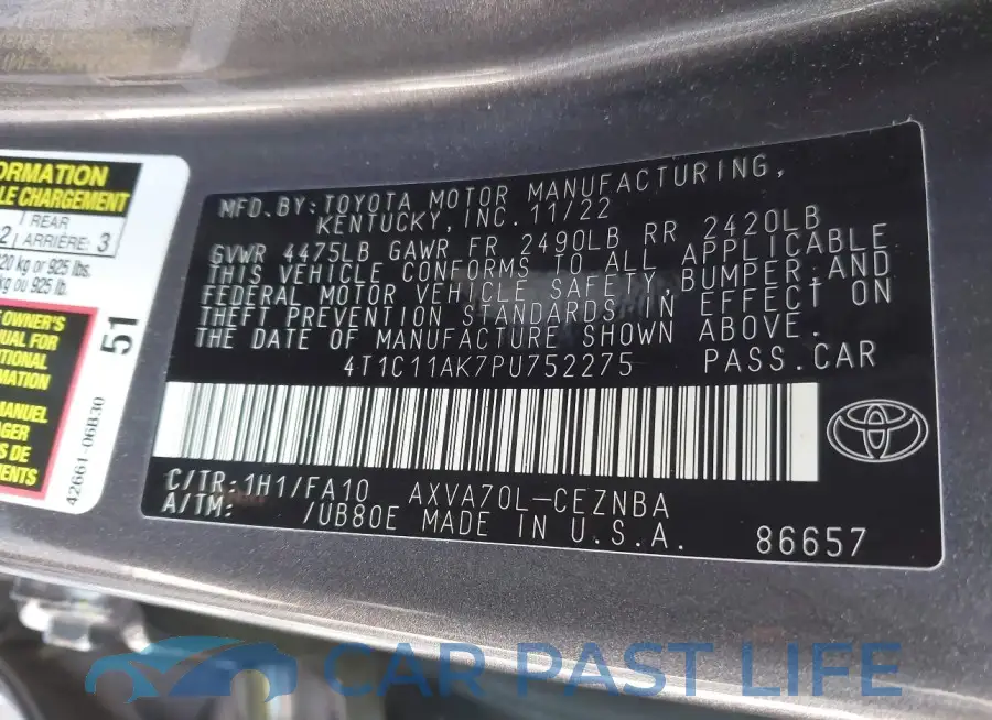 4T1C11AK7PU752275# 9