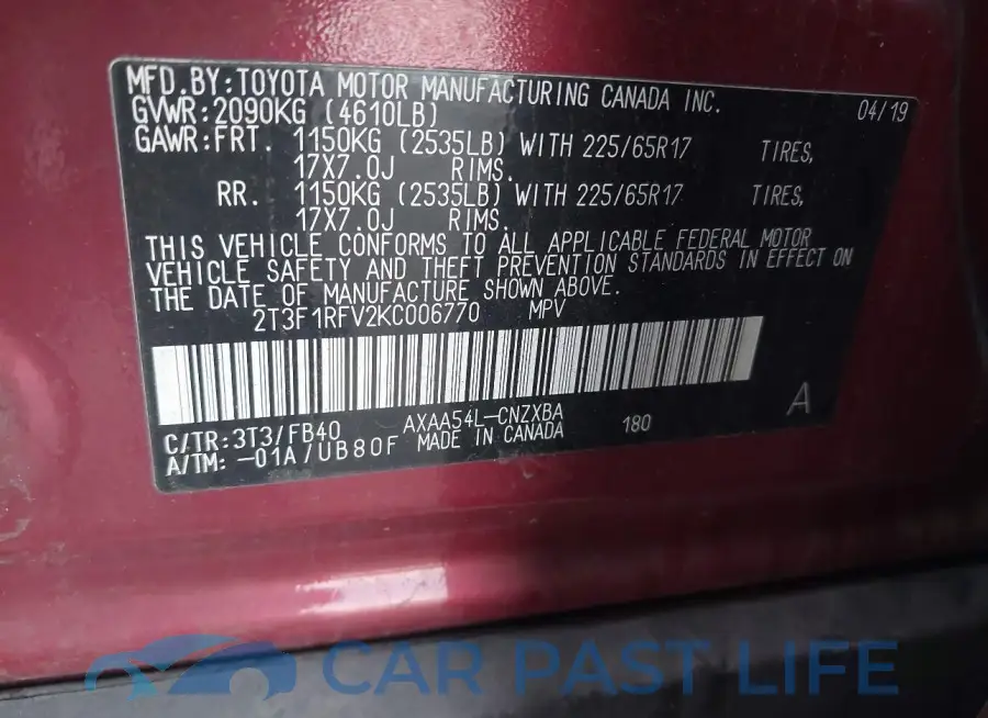 2T3F1RFV2KC006770# 9