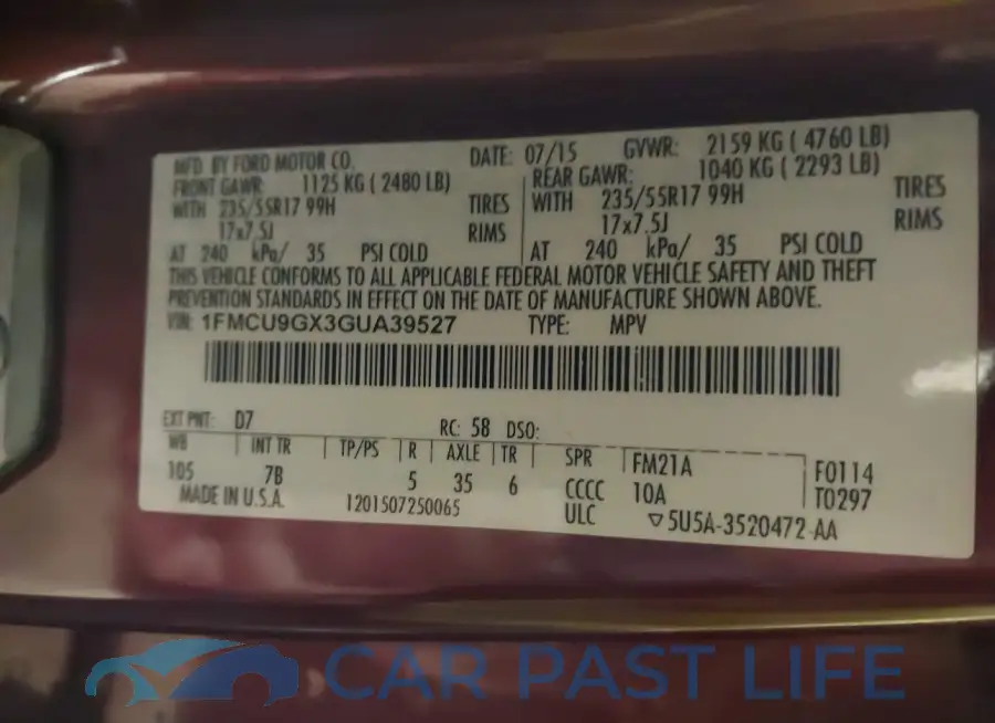 1FMCU9GX3GUA39527# 9