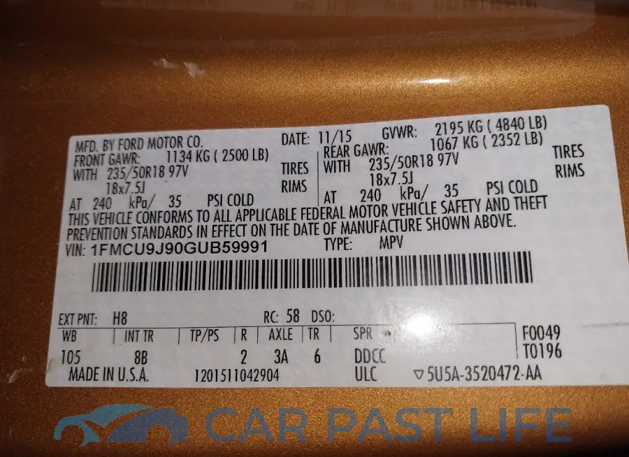 1FMCU9J90GUB59991# 9