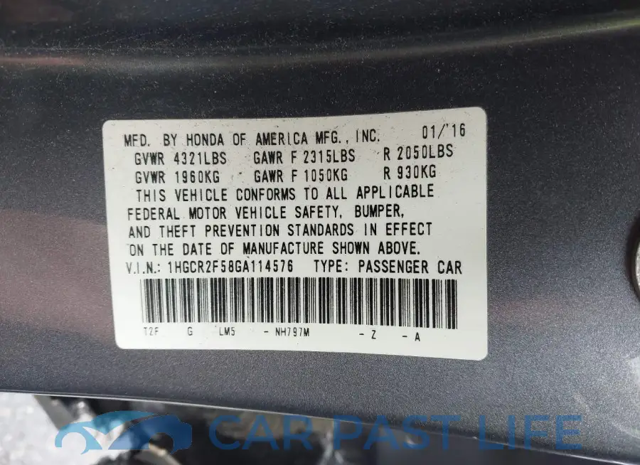 1HGCR2F58GA114576# 9