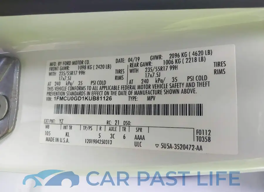 1FMCU0GD1KUB81126# 9