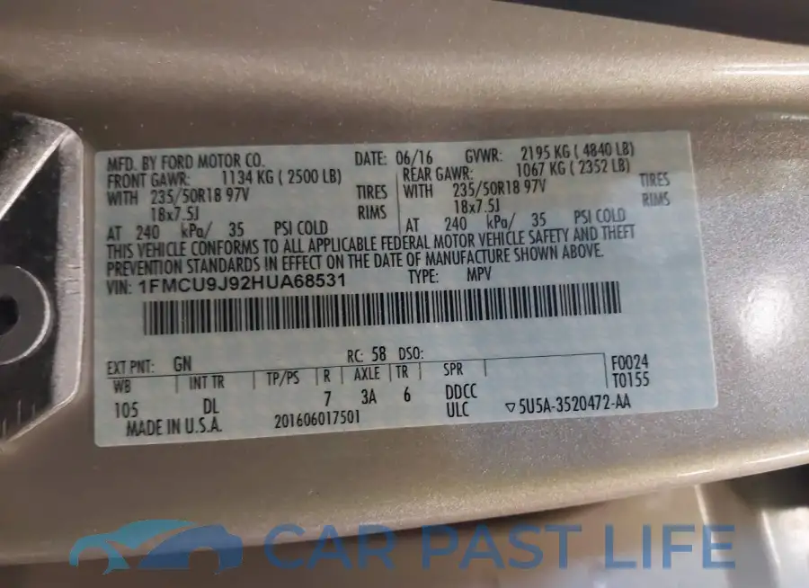 1FMCU9J92HUA68531# 9