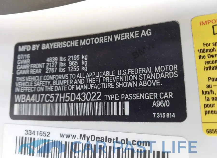 WBA4U7C57H5D43022# 9
