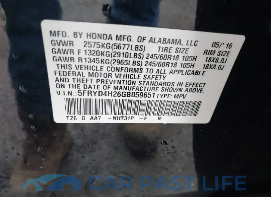 5FRYD4H26GB059651# 9