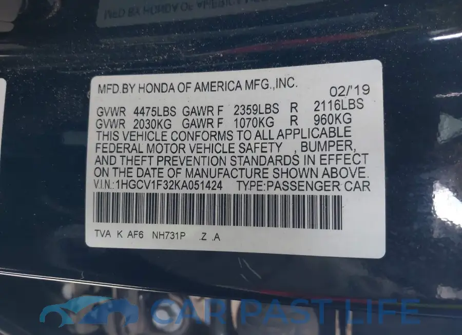 1HGCV1F32KA051424# 9
