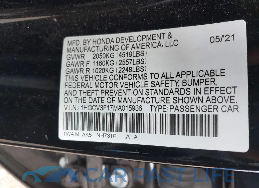 1HGCV3F17MA015936# 9