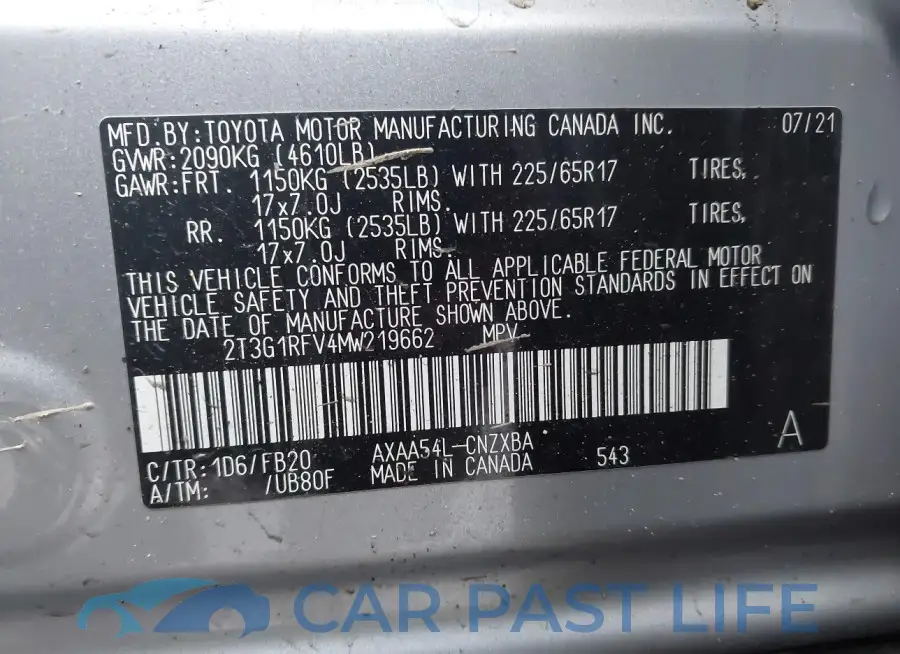 2T3G1RFV4MW219662# 9