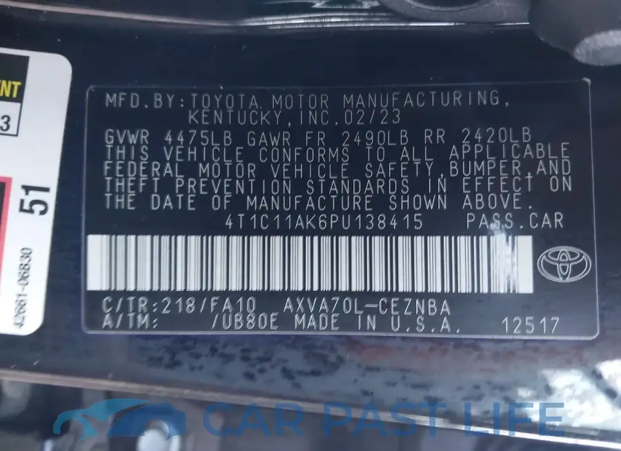 4T1C11AK6PU138415# 9
