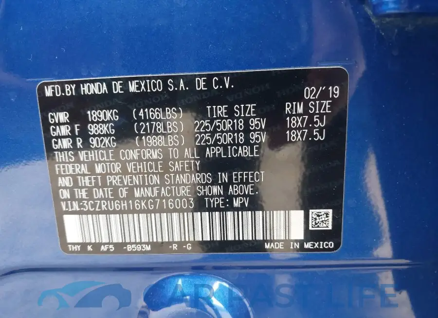 3CZRU6H16KG716003# 9