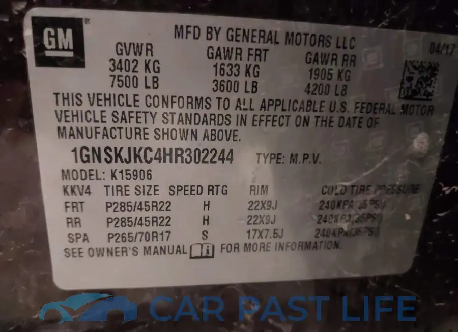 1GNSKJKC4HR302244# 9